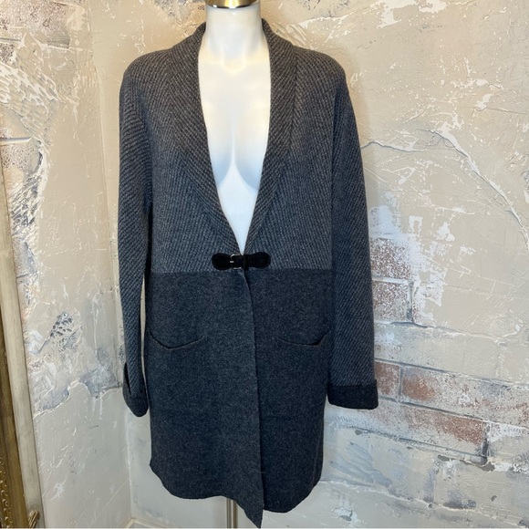 A IDA L long sweater cardigan wool bland shawl collar single buckle grey pockets - Picture 1 of 9